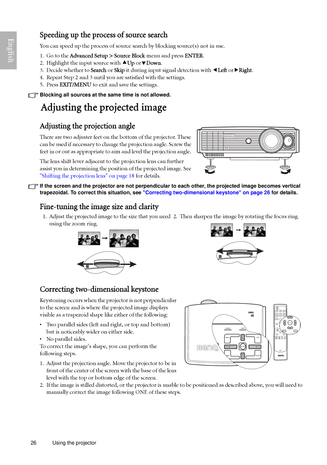 BenQ W500 Adjusting the projected image, Speeding up the process of source search, Adjusting the projection angle 