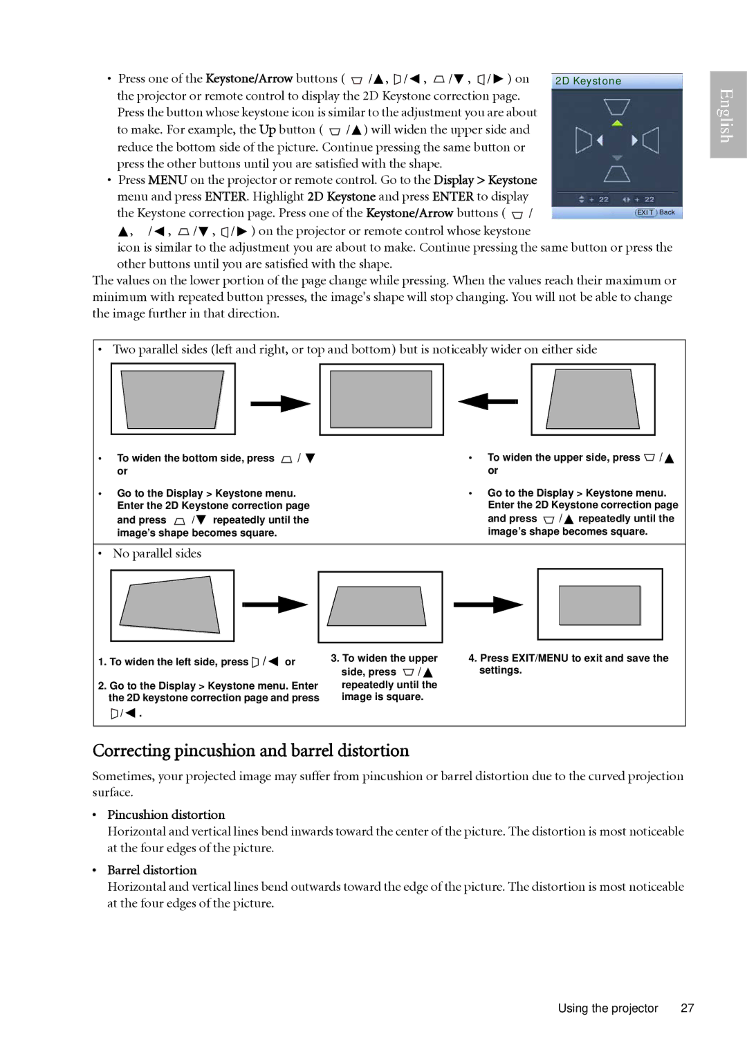 BenQ W500 user manual Correcting pincushion and barrel distortion, Pincushion distortion, Barrel distortion 