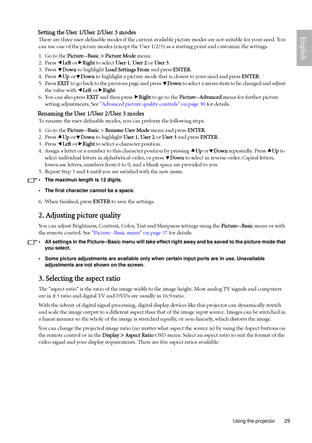 BenQ W500 user manual Adjusting picture quality, Selecting the aspect ratio, Setting the User 1/User 2/User 3 modes 