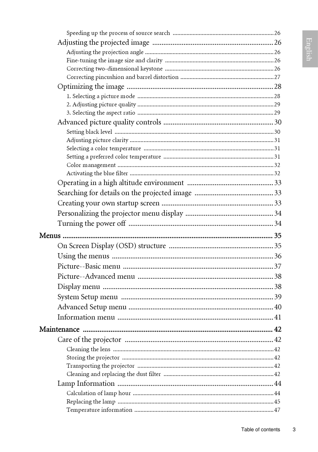 BenQ W500 user manual Speeding up the process of source search, Menus, Maintenance 