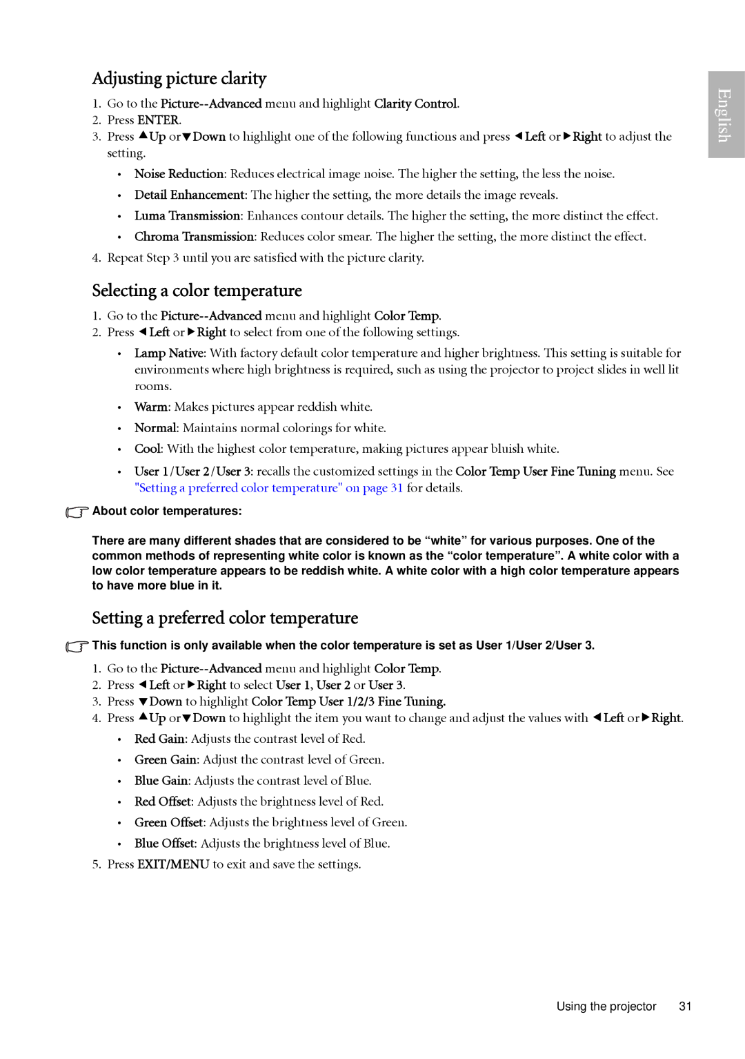 BenQ W500 user manual Adjusting picture clarity, Selecting a color temperature, Setting a preferred color temperature 