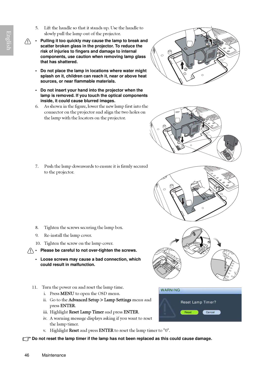 BenQ W500 user manual Highlight Reset and press Enter to reset the lamp timer to 