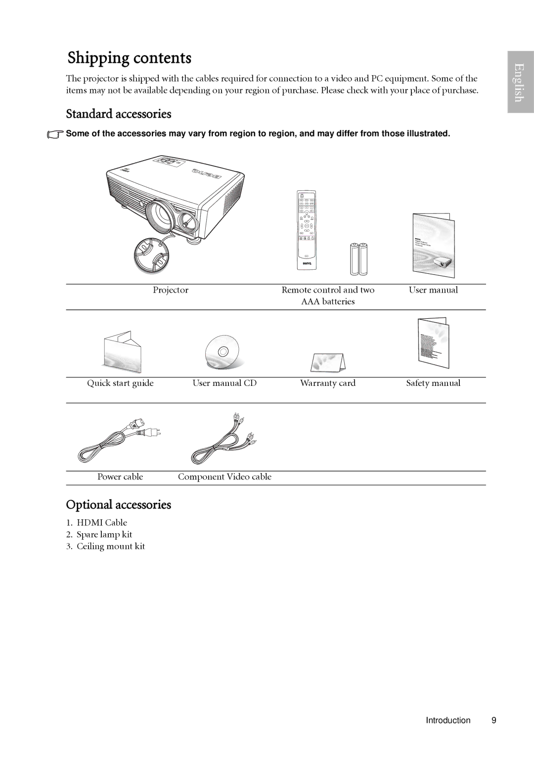 BenQ W500 user manual Shipping contents 