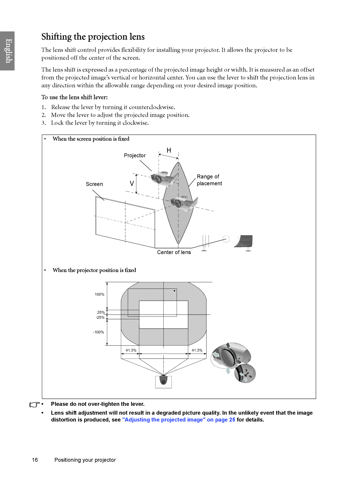 BenQ W6000 manual Shifting the projection lens, To use the lens shift lever 