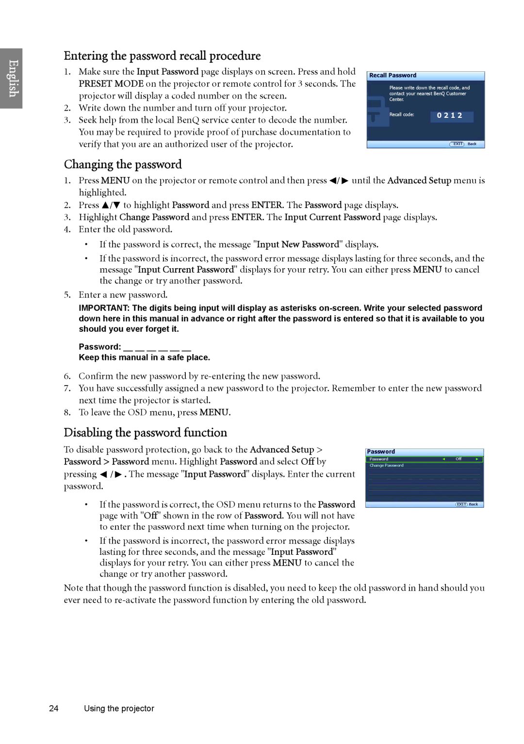 BenQ W6000 manual Entering the password recall procedure, Changing the password, Disabling the password function 