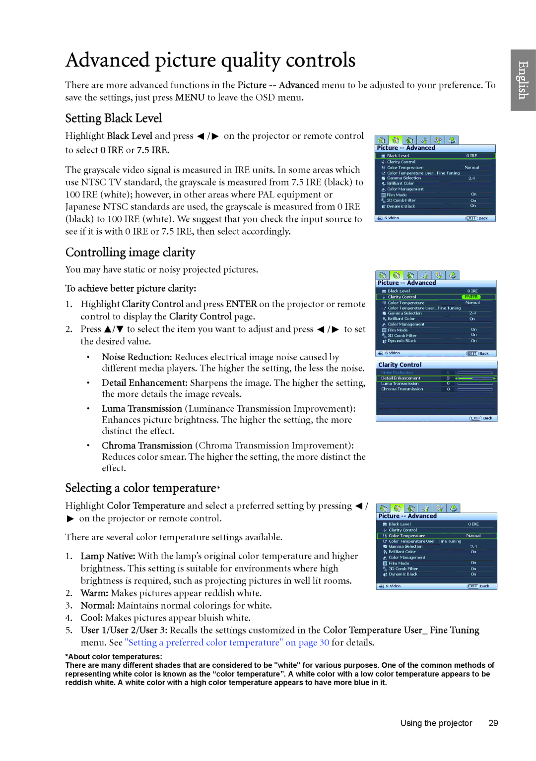 BenQ W6000 manual Advanced picture quality controls, Setting Black Level, Controlling image clarity 