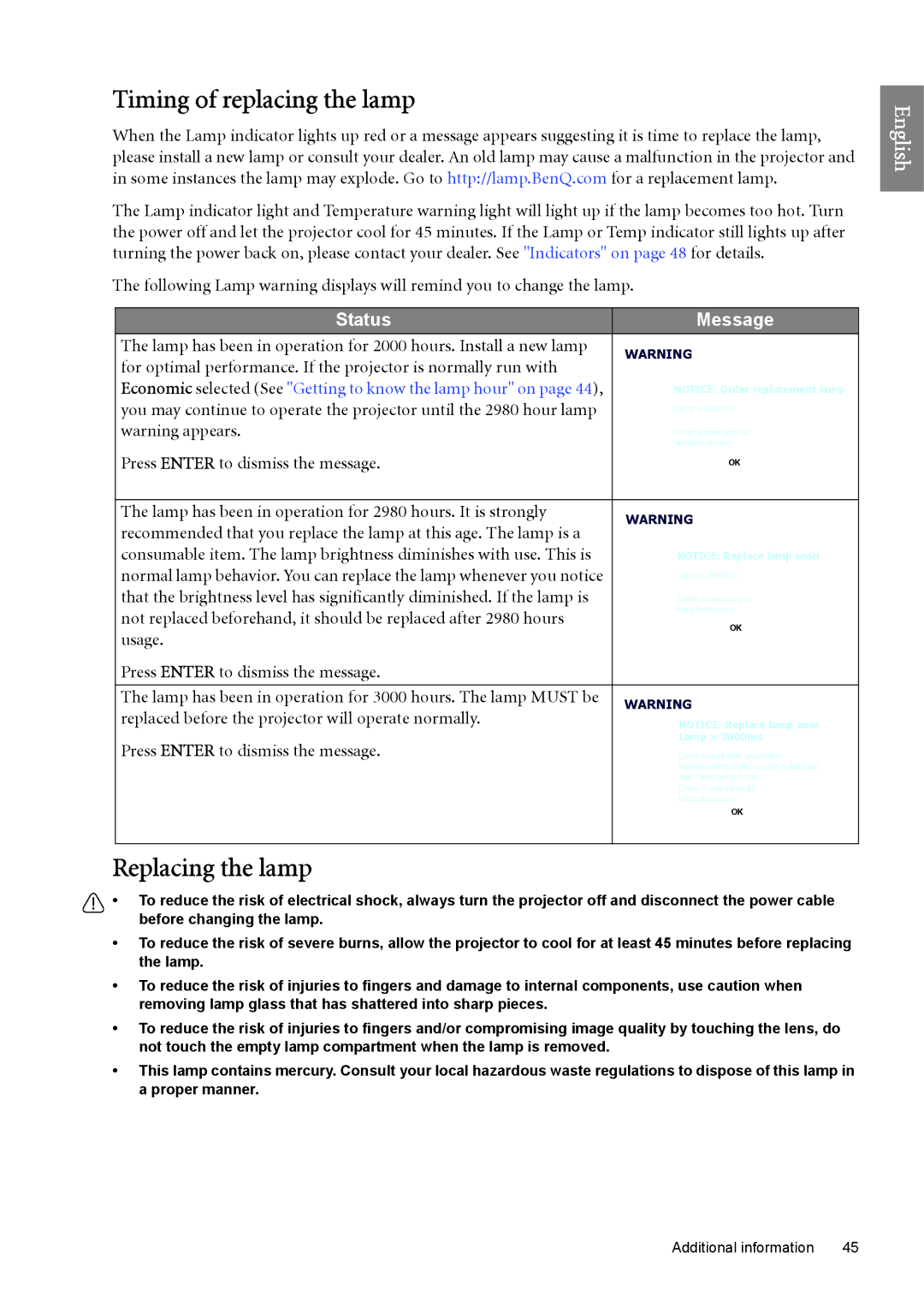 BenQ W6000 manual Timing of replacing the lamp, Replacing the lamp, Status Message 