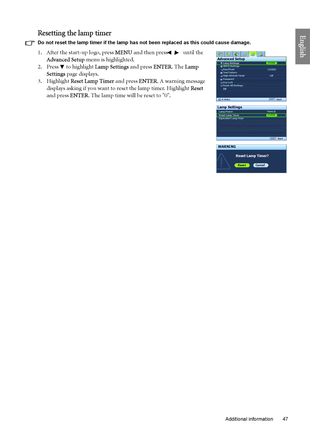 BenQ W6000 manual Resetting the lamp timer 