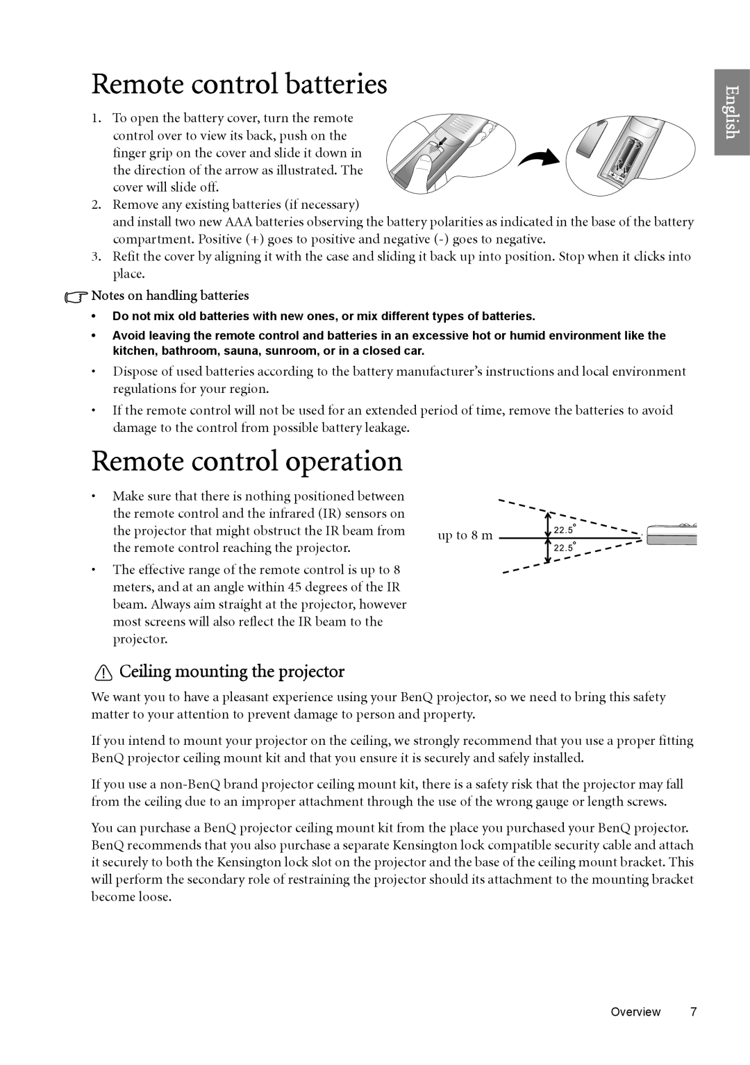 BenQ W6000 manual Remote control batteries, Remote control operation, Ceiling mounting the projector 