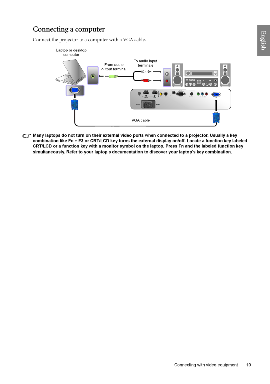 BenQ W6500 user manual Connecting a computer, Connect the projector to a computer with a VGA cable 