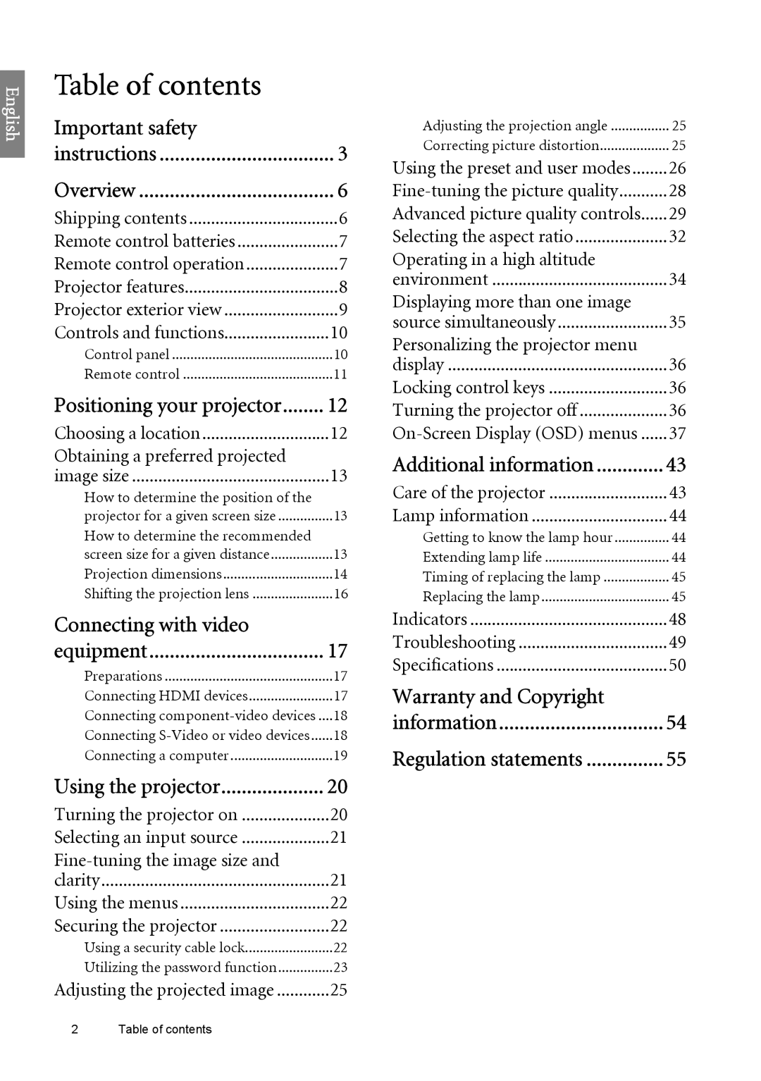 BenQ W6500 user manual Table of contents 