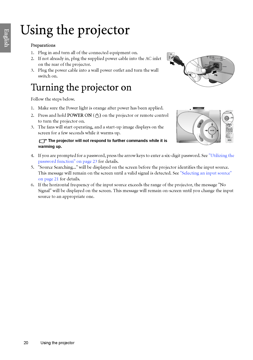 BenQ W6500 user manual Turning the projector on, Preparations 