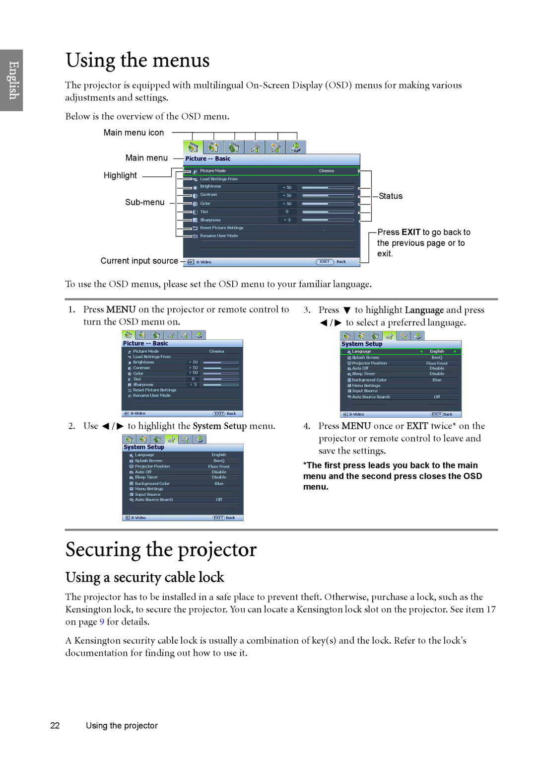 BenQ W6500 Using the menus, Securing the projector, Using a security cable lock, Use / to highlight the System Setup menu 