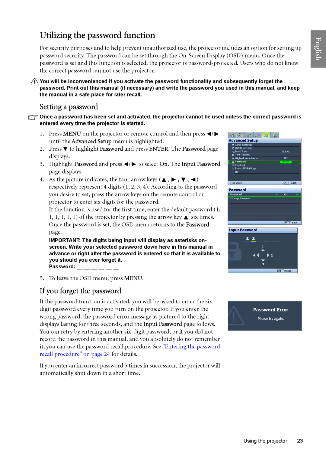 BenQ W6500 user manual Utilizing the password function, Setting a password, If you forget the password 