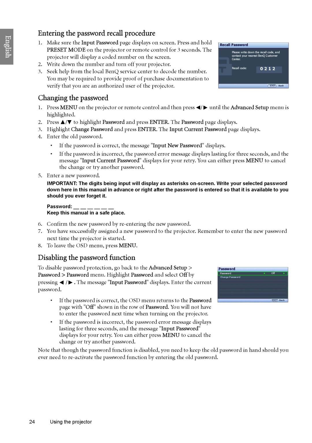 BenQ W6500 user manual Entering the password recall procedure, Changing the password, Disabling the password function 