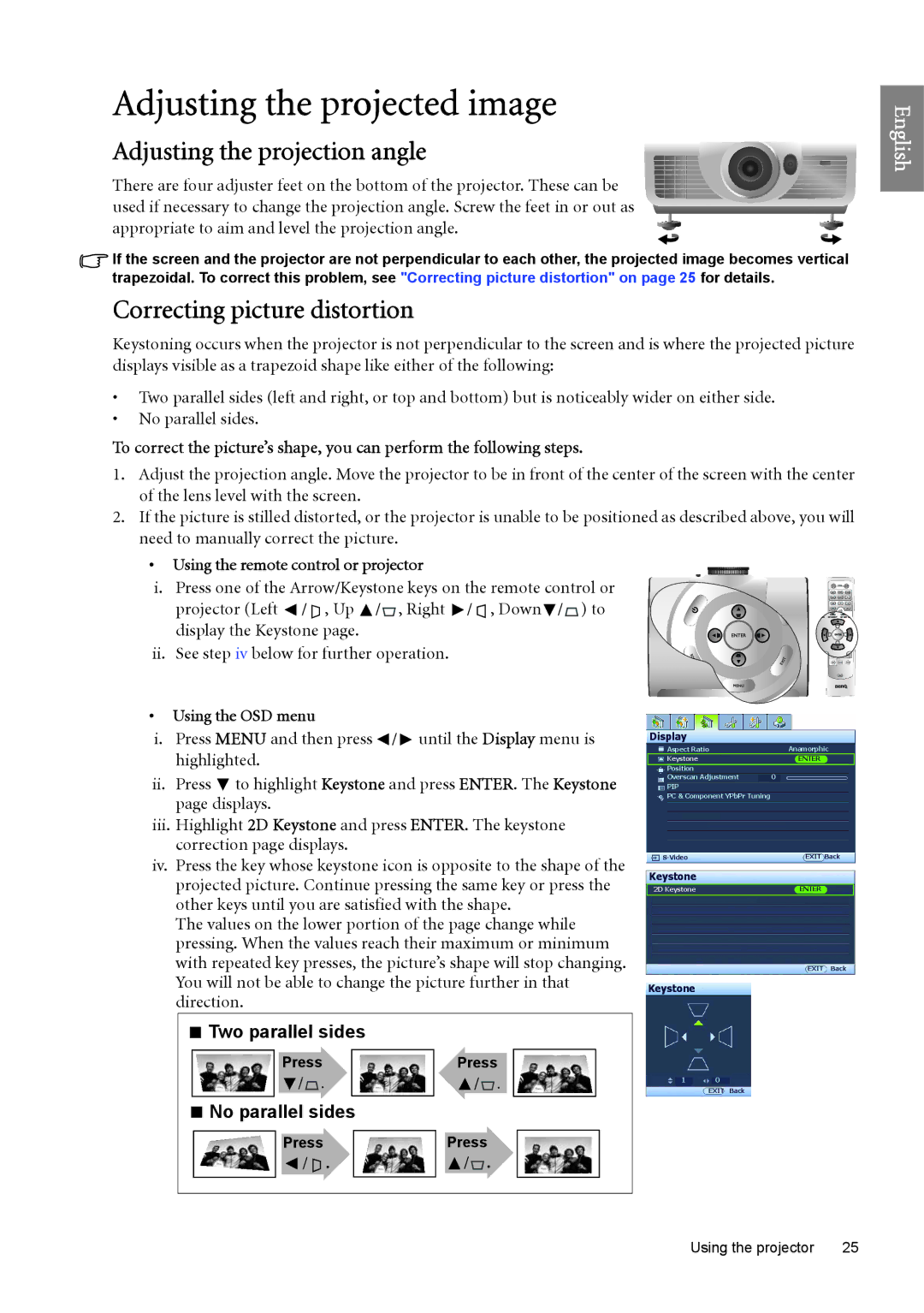 BenQ W6500 Adjusting the projected image, Adjusting the projection angle, Correcting picture distortion, No parallel sides 