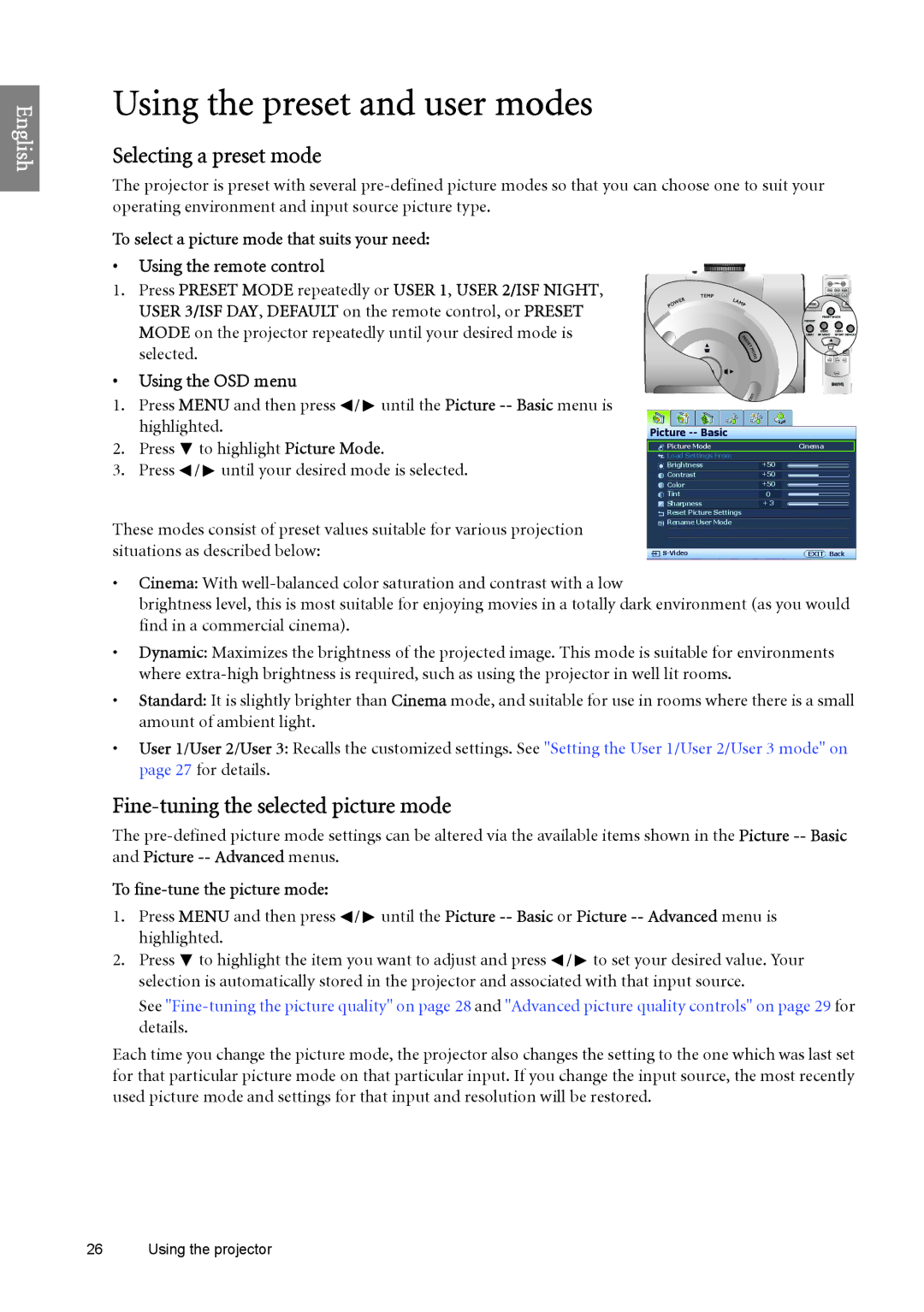 BenQ W6500 user manual Using the preset and user modes, Selecting a preset mode, Fine-tuning the selected picture mode 