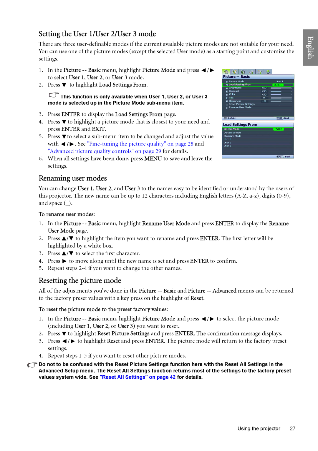 BenQ W6500 user manual Setting the User 1/User 2/User 3 mode, Renaming user modes, Resetting the picture mode 