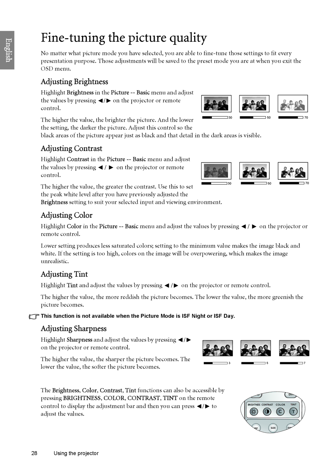 BenQ W6500 user manual Fine-tuning the picture quality 