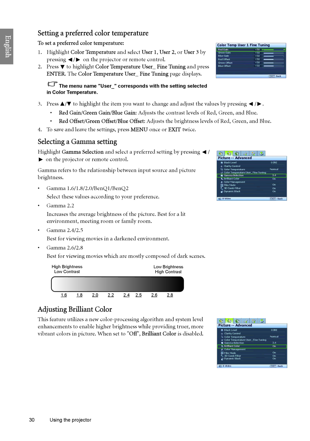 BenQ W6500 user manual Setting a preferred color temperature, Selecting a Gamma setting, Adjusting Brilliant Color 