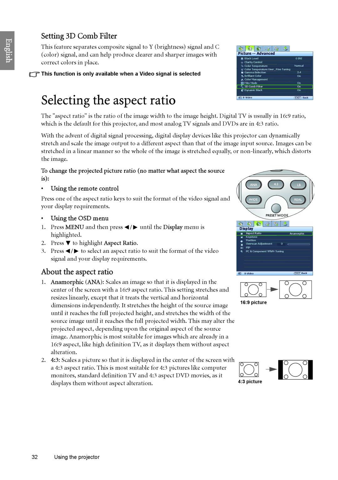 BenQ W6500 user manual Selecting the aspect ratio, Setting 3D Comb Filter, About the aspect ratio 