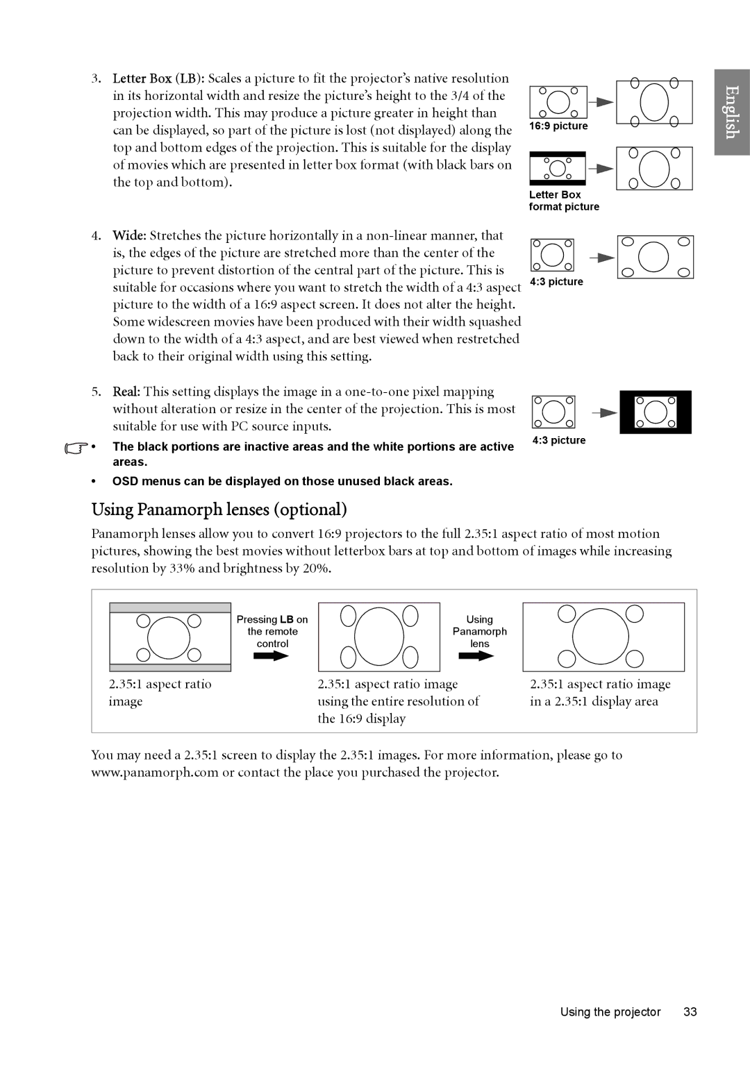 BenQ W6500 Using Panamorph lenses optional, Aspect ratio Aspect ratio image, Image Using the entire resolution, display 