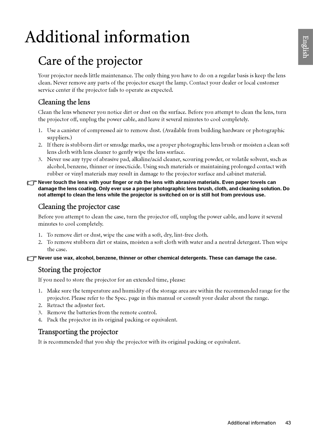 BenQ W6500 user manual Care of the projector, Cleaning the lens, Cleaning the projector case, Storing the projector 