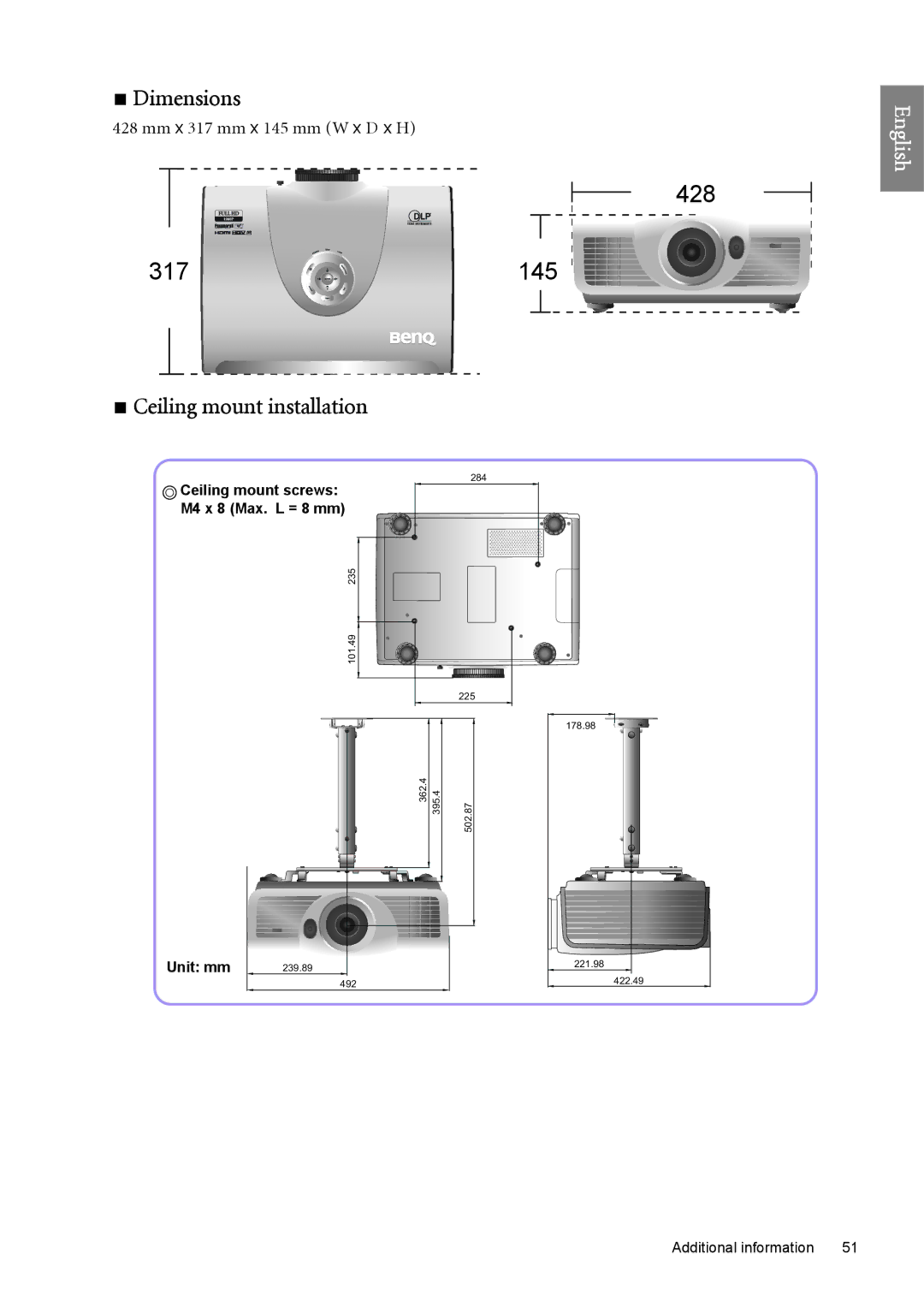 BenQ W6500 user manual Dimensions, Ceiling mount installation, Mm x 317 mm x 145 mm W x D x H 