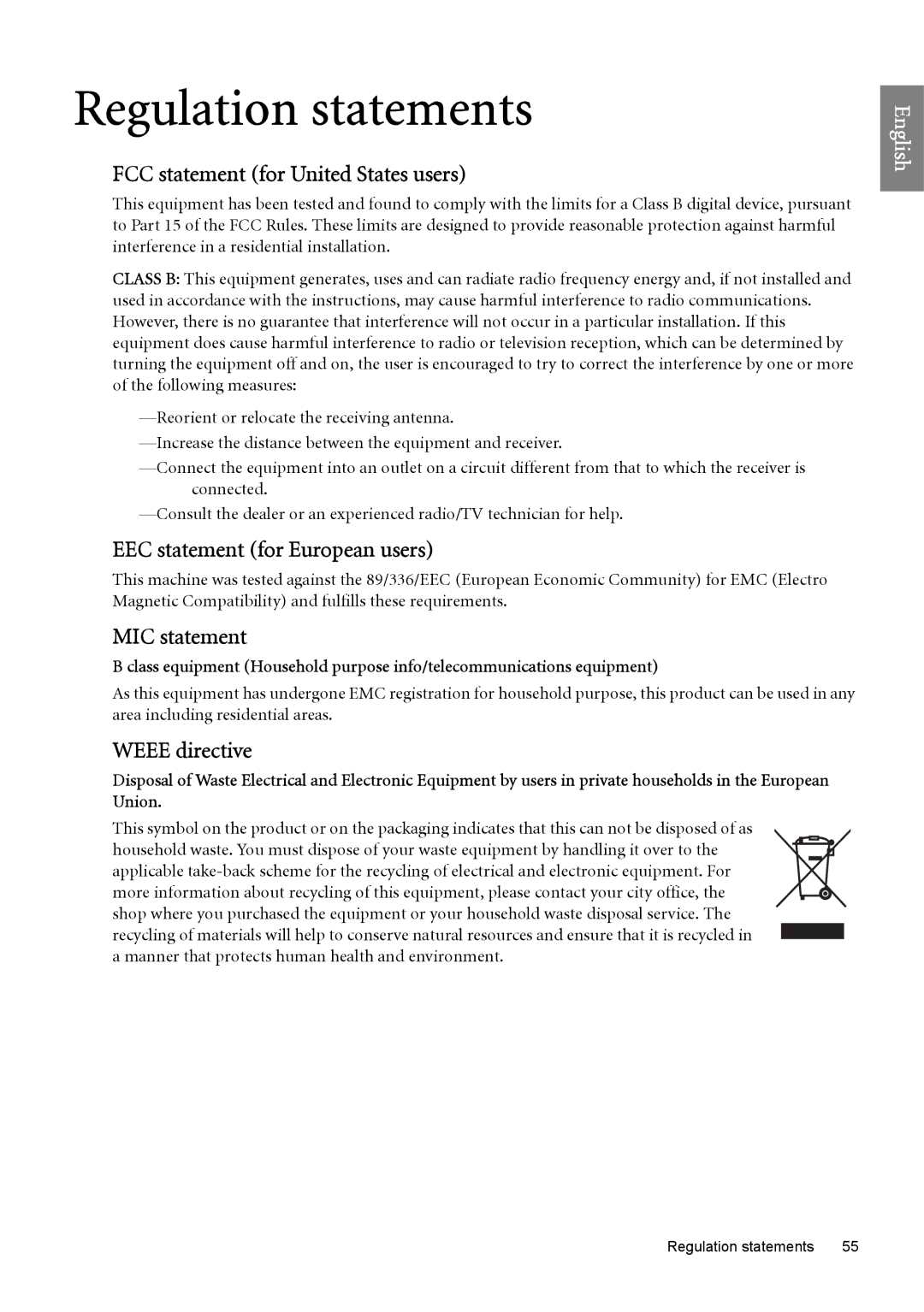 BenQ W6500 FCC statement for United States users, EEC statement for European users, MIC statement, Weee directive 