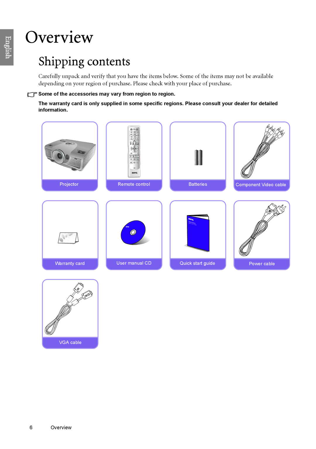 BenQ W6500 user manual Overview, Shipping contents 