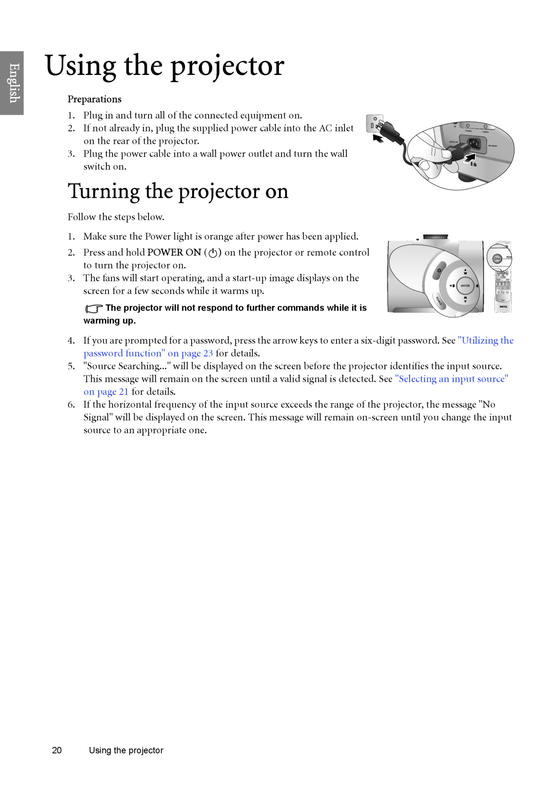 BenQ W6500 user manual Using the projector, Turning the projector on, English 