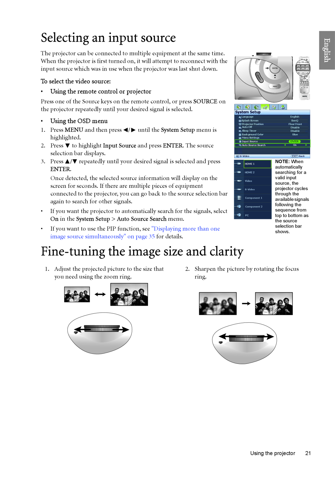 BenQ W6500 Selecting an input source, Fine-tuning the image size and clarity, English, Using the OSD menu, Enter 