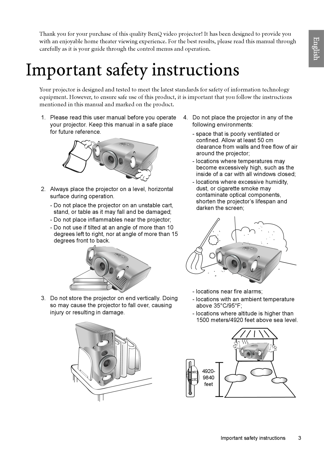 BenQ W6500 user manual Important safety instructions, English 