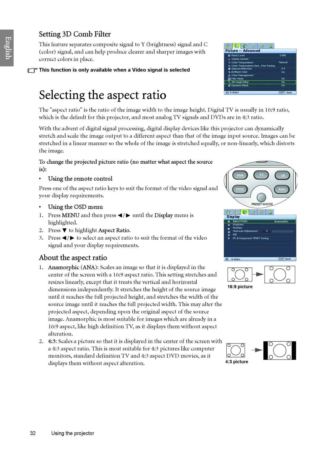 BenQ W6500 user manual Selecting the aspect ratio, Setting 3D Comb Filter, About the aspect ratio, English 