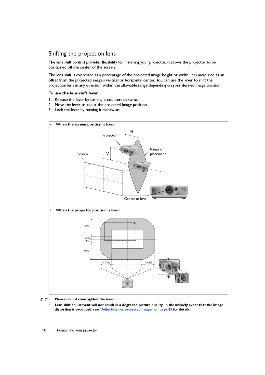 BenQ W7000+ user manual Shifting the projection lens, To use the lens shift lever 