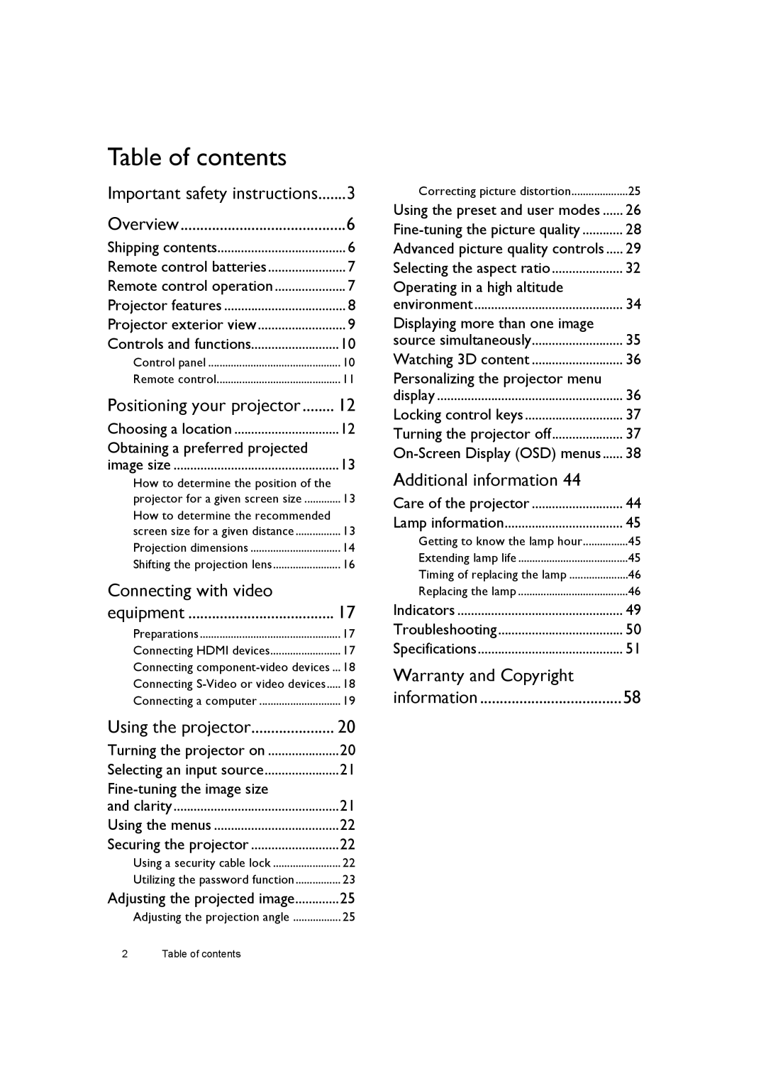 BenQ W7000+ user manual Table of contents 