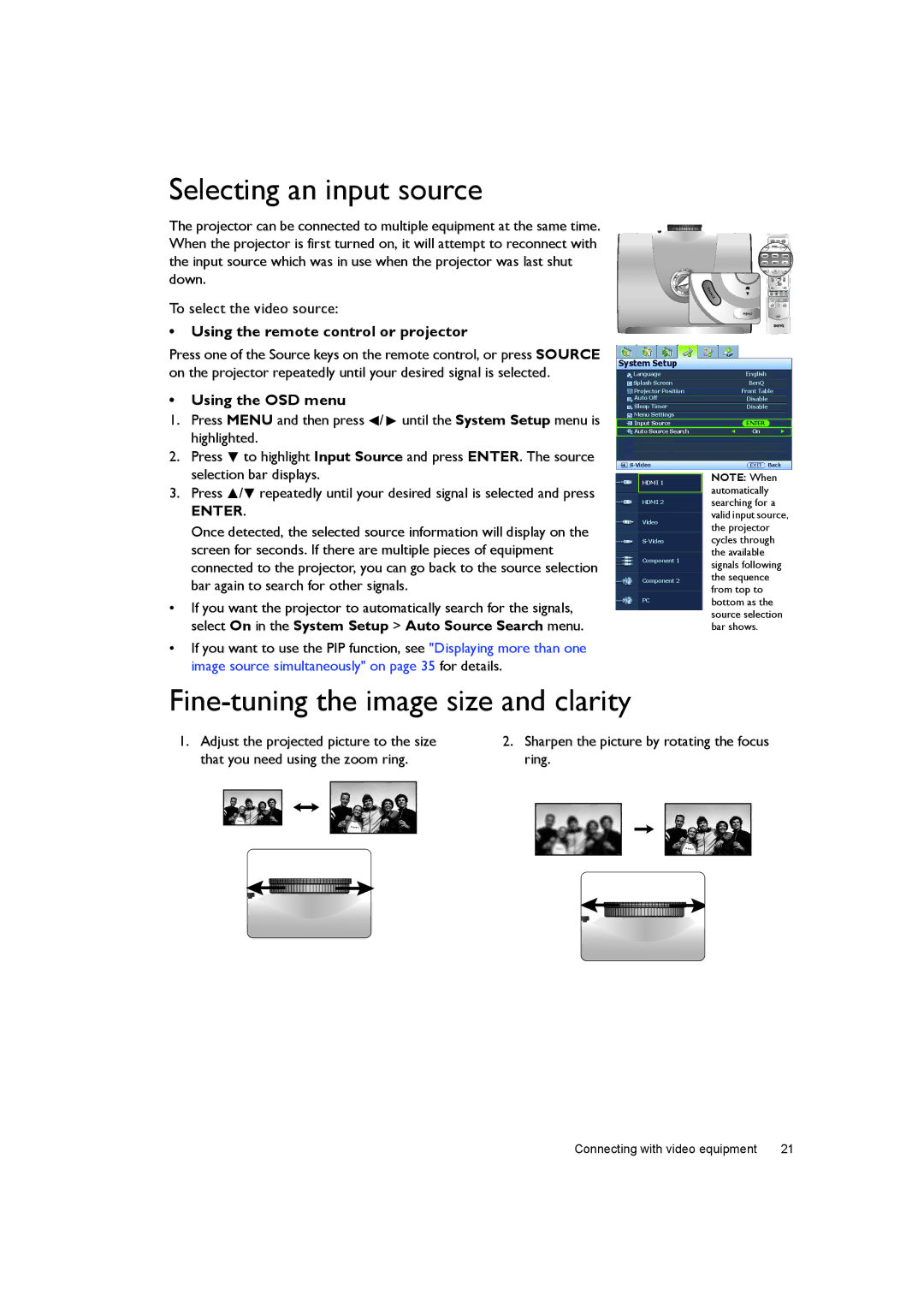 BenQ W7000+ Selecting an input source, Fine-tuning the image size and clarity, Using the remote control or projector 