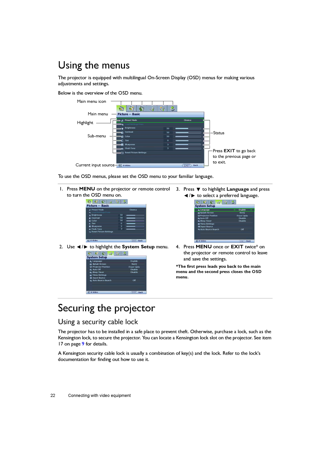 BenQ W7000 Using the menus, Securing the projector, Using a security cable lock, Use / to highlight the System Setup menu 