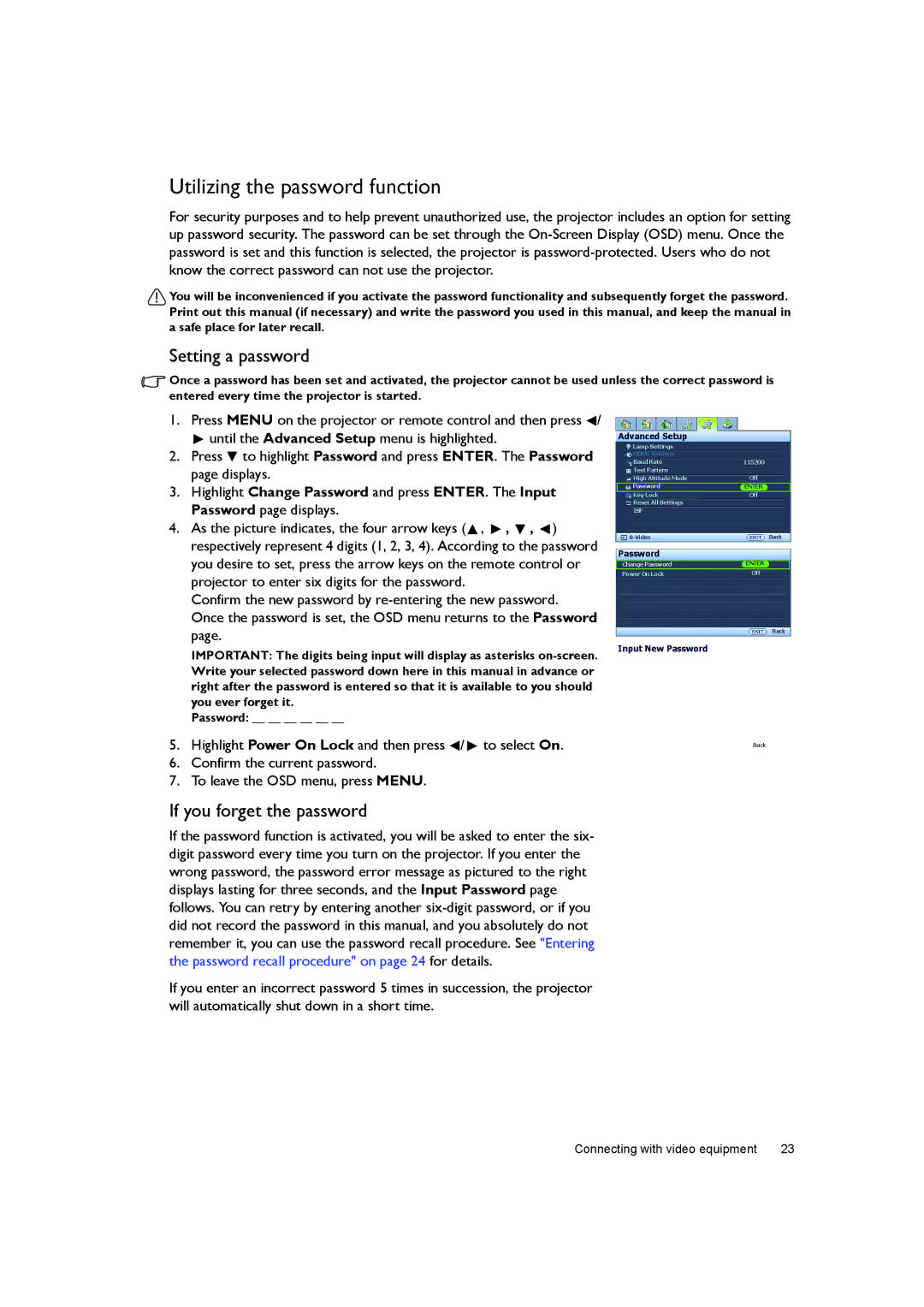 BenQ W7000+ user manual Utilizing the password function, Setting a password, If you forget the password 