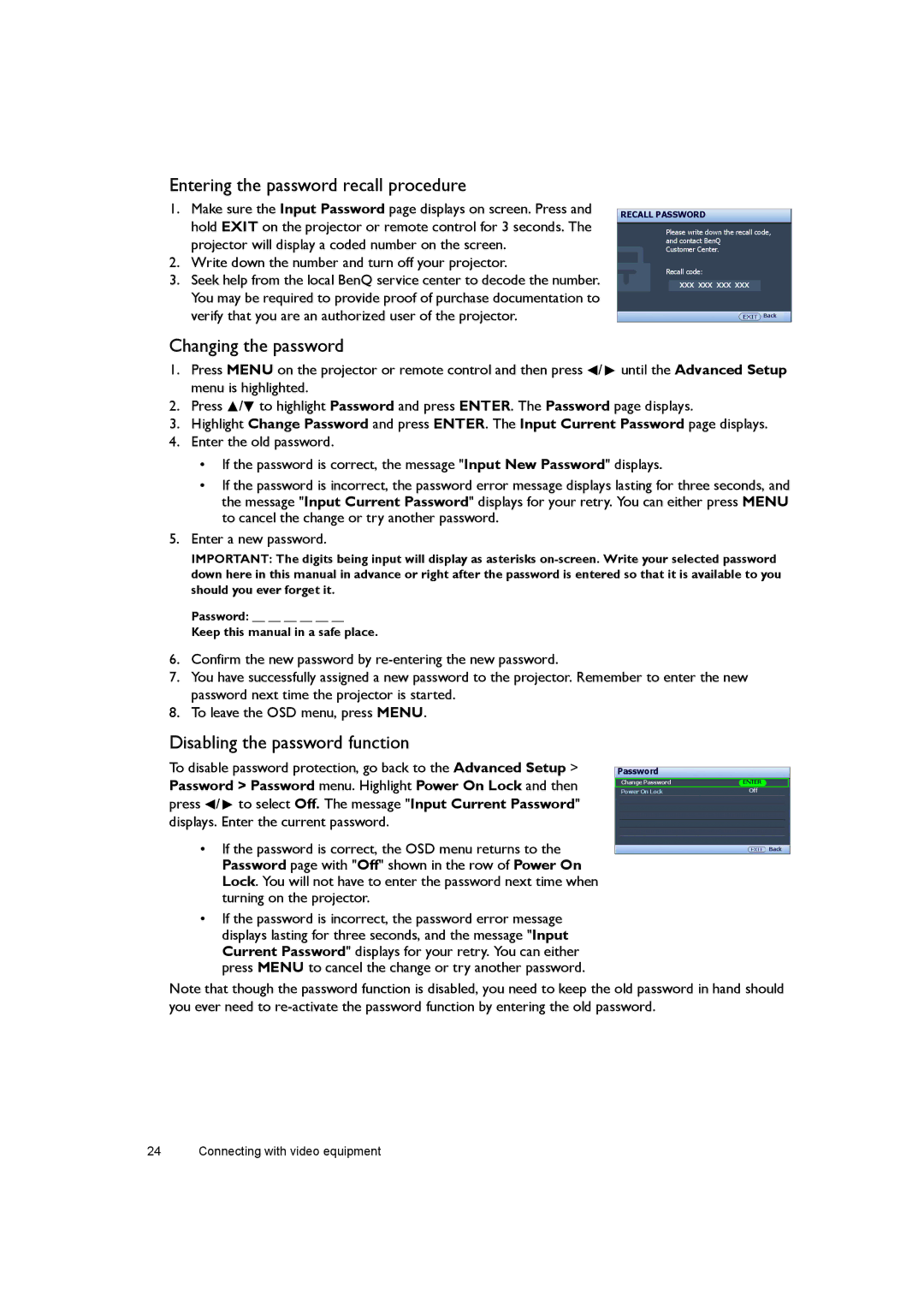 BenQ W7000+ user manual Entering the password recall procedure, Changing the password, Disabling the password function 