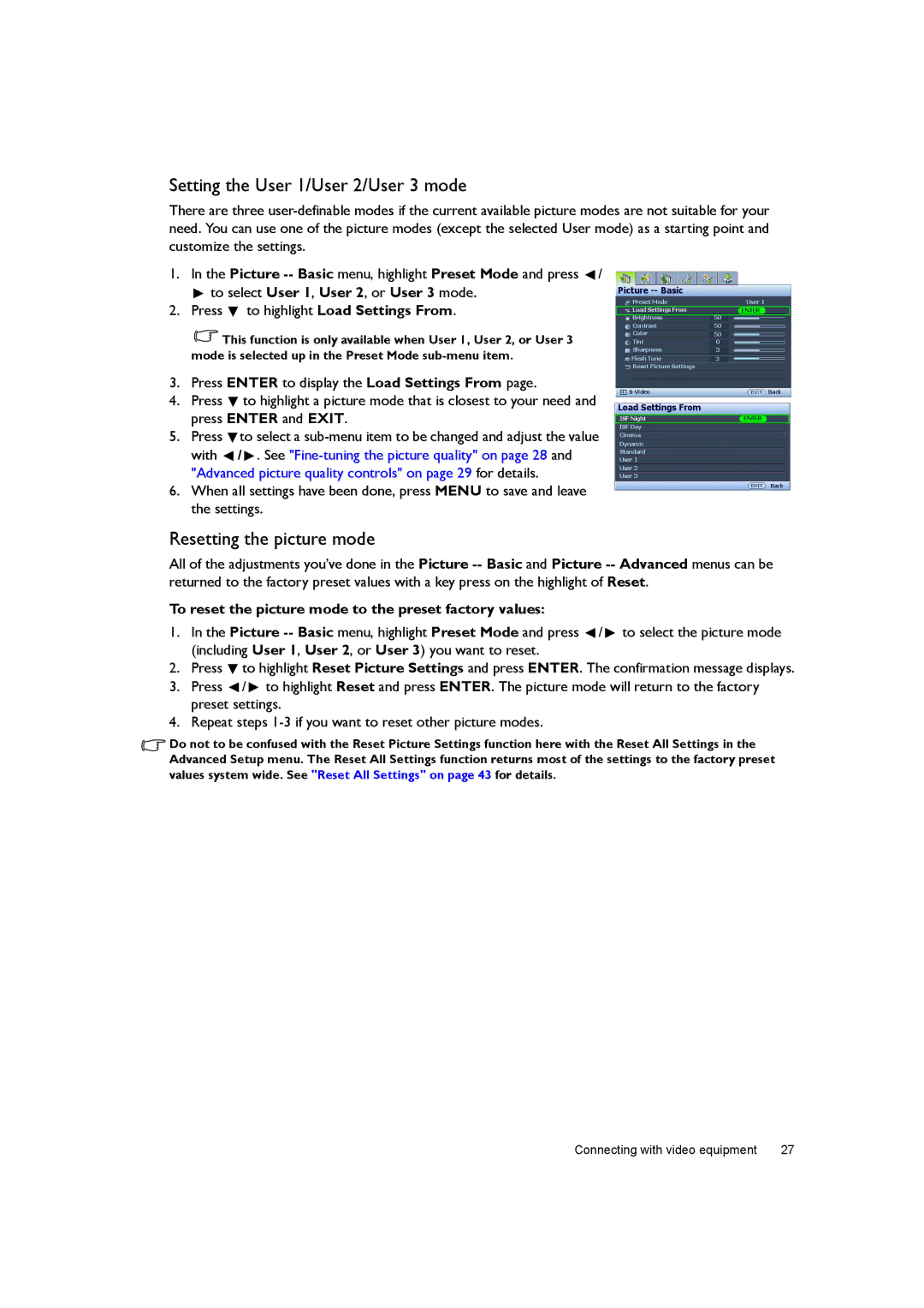 BenQ W7000+ user manual Setting the User 1/User 2/User 3 mode, Resetting the picture mode 