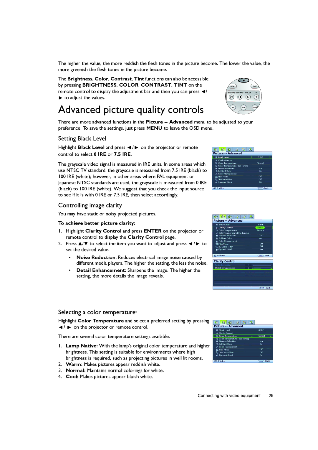 BenQ W7000+ user manual Advanced picture quality controls, Setting Black Level, Controlling image clarity 