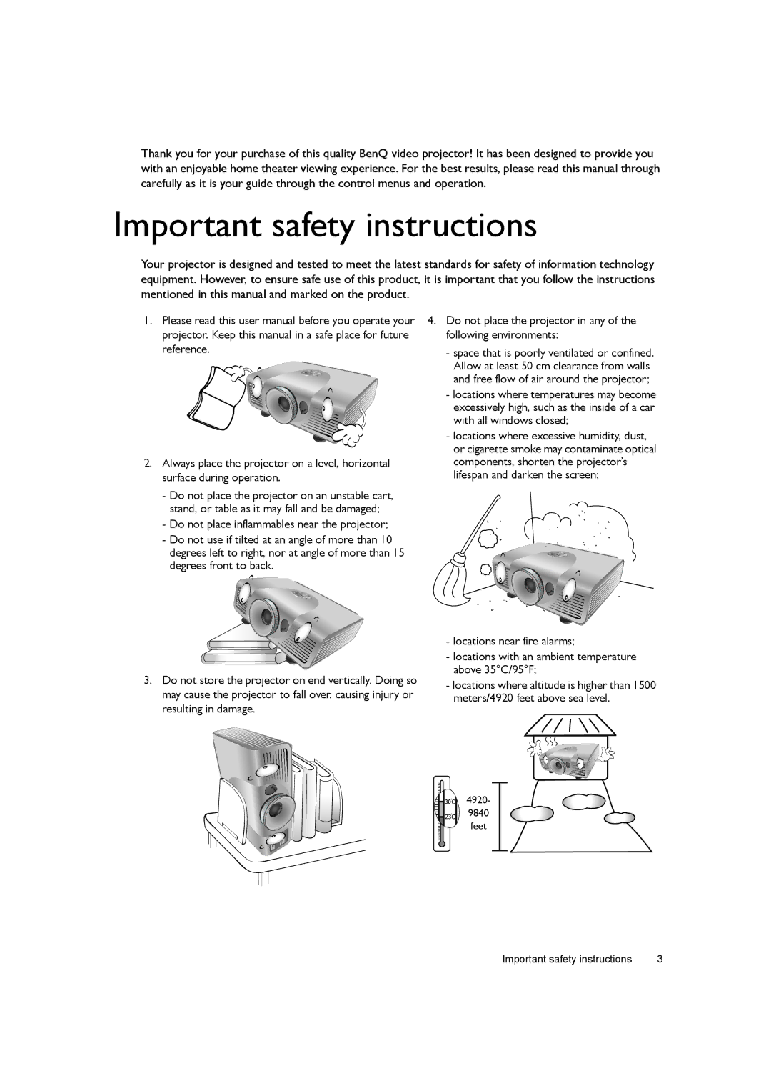 BenQ W7000+ user manual Important safety instructions 