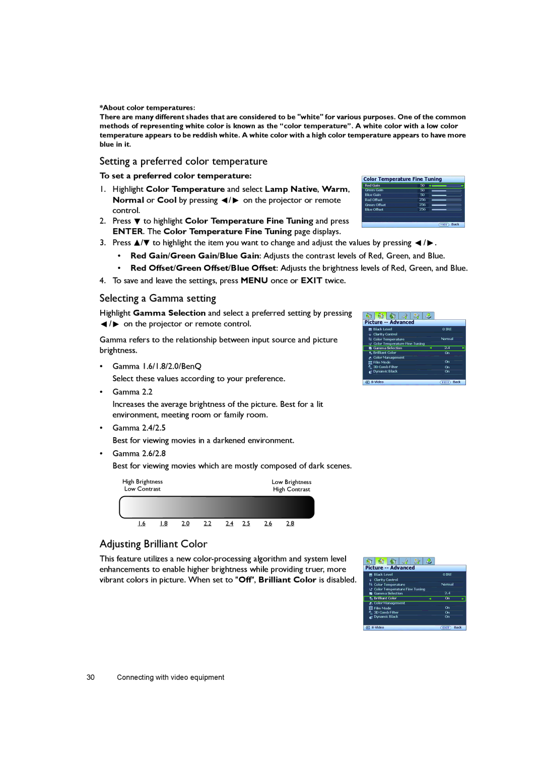 BenQ W7000+ user manual Setting a preferred color temperature, Selecting a Gamma setting, Adjusting Brilliant Color 