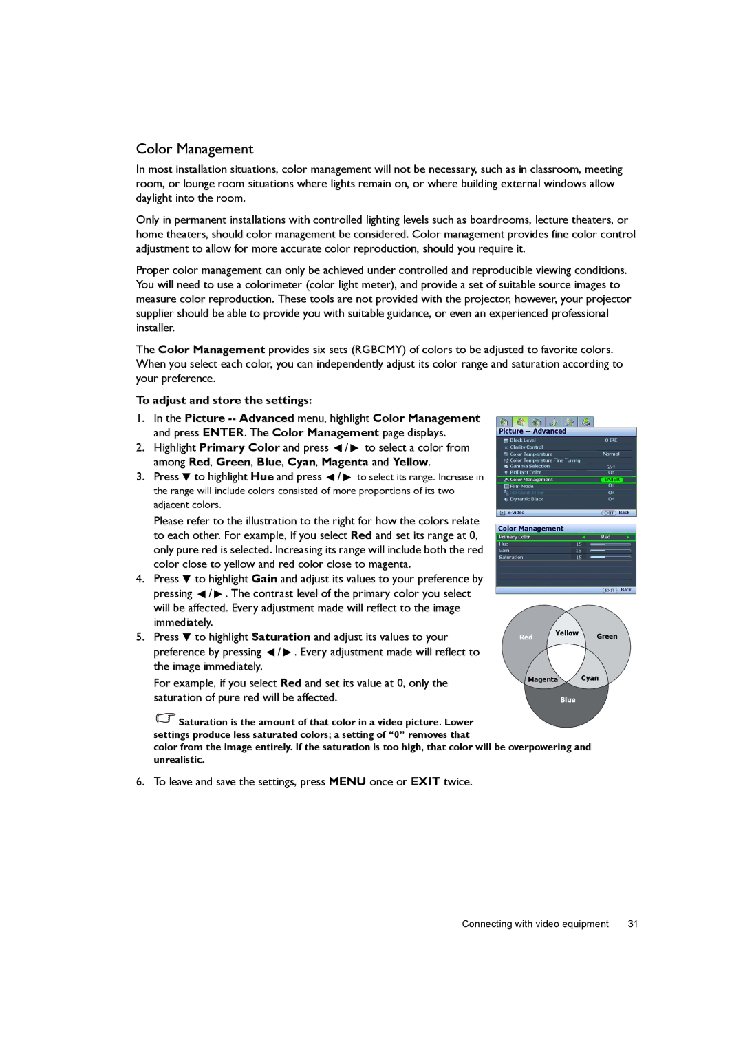 BenQ W7000+ user manual Color Management, To adjust and store the settings 