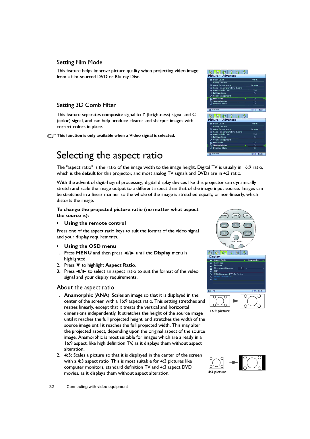 BenQ W7000+ user manual Selecting the aspect ratio, Setting Film Mode, Setting 3D Comb Filter, About the aspect ratio 