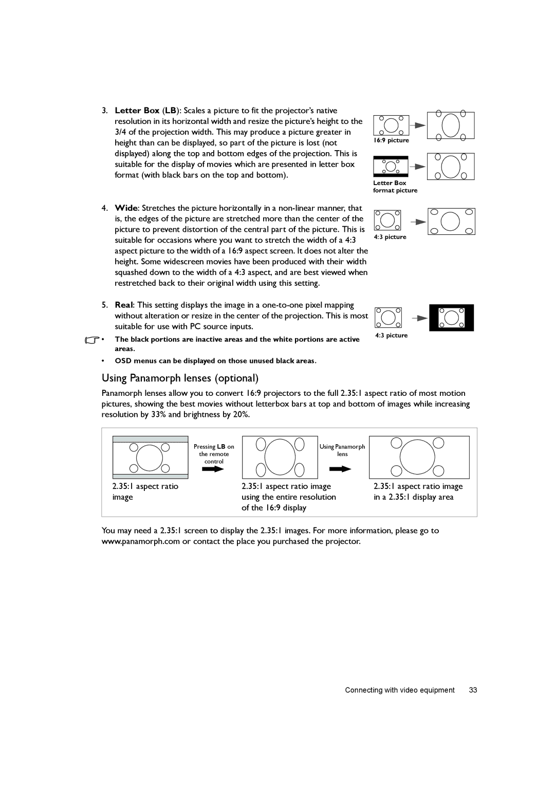 BenQ W7000+ user manual Using Panamorph lenses optional, Aspect ratio Aspect ratio image 