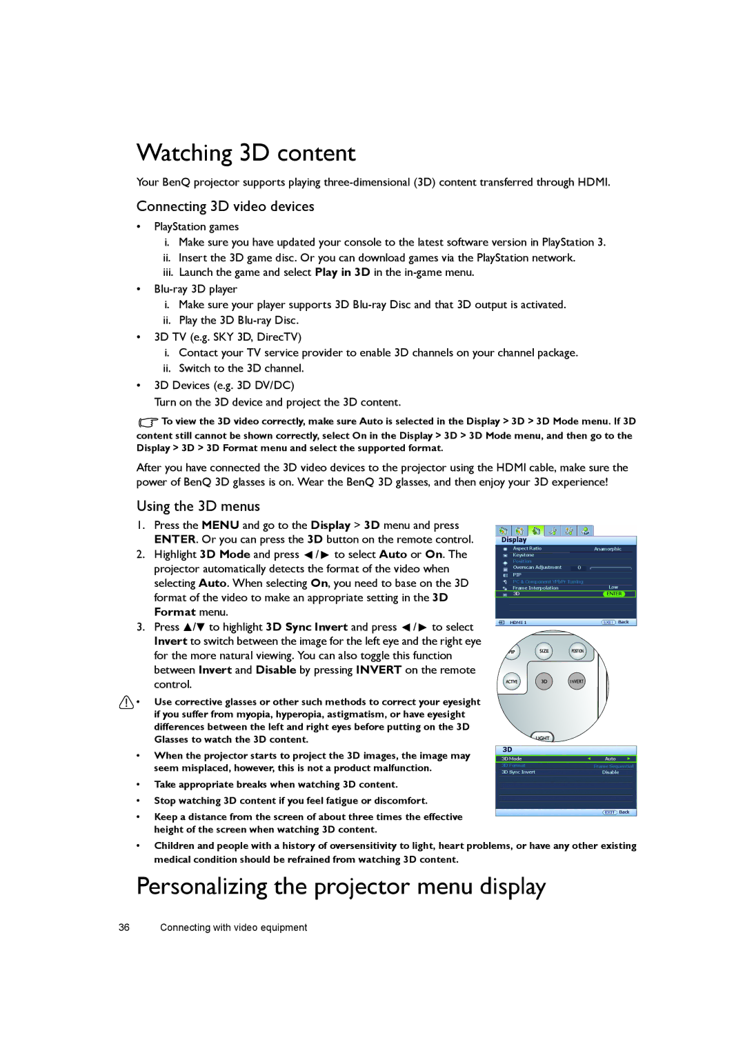 BenQ W7000 Watching 3D content, Personalizing the projector menu display, Connecting 3D video devices, Using the 3D menus 