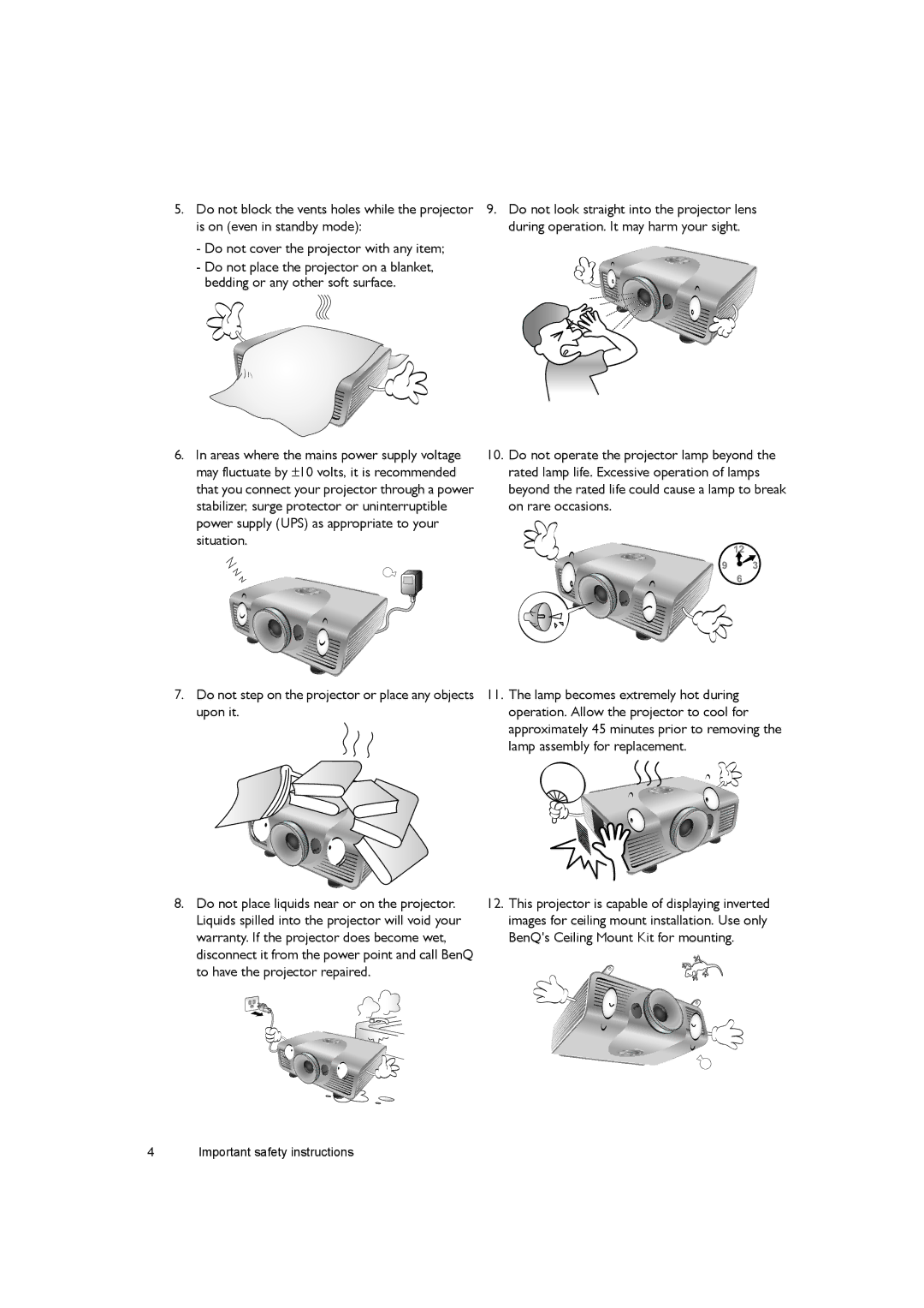 BenQ W7000+ user manual Important safety instructions 