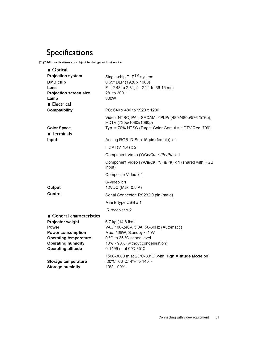 BenQ W7000+ user manual Specifications, Optical, Electrical, Terminals, General characteristics 